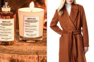 on left: lit Replica By the Fireplace candle. on right: model wearing brown wrap longline coat