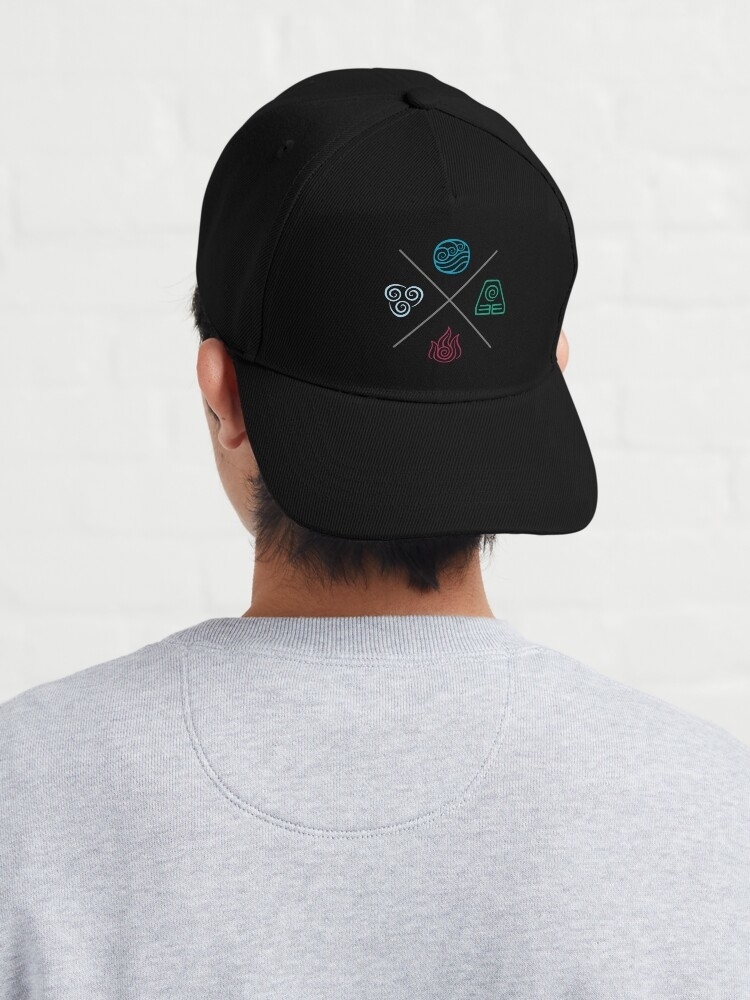 Model wearing black baseball cap featuring the four element symbols