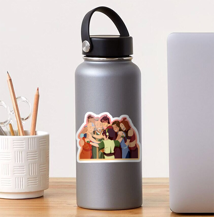 Sticker of Avatar family hugging each other on water bottle