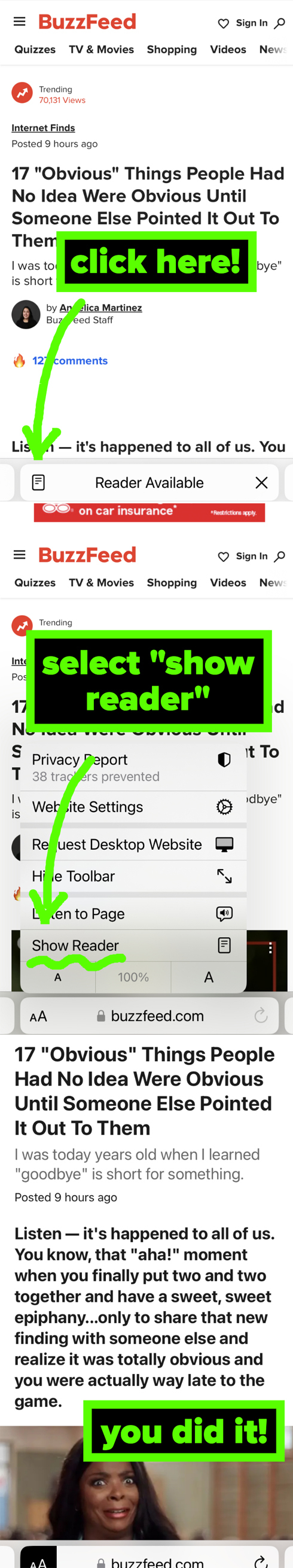 Graphic showing how to put a page in &quot;Reader Mode&quot;