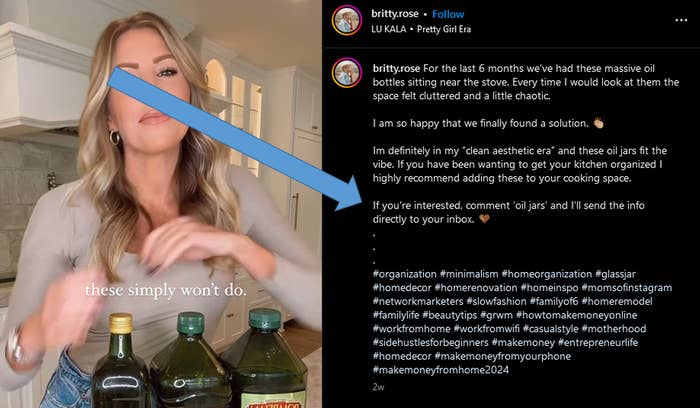 An influencer is showing bottles of olive oil from the store, her post caption to the right is promoting glass oil jars