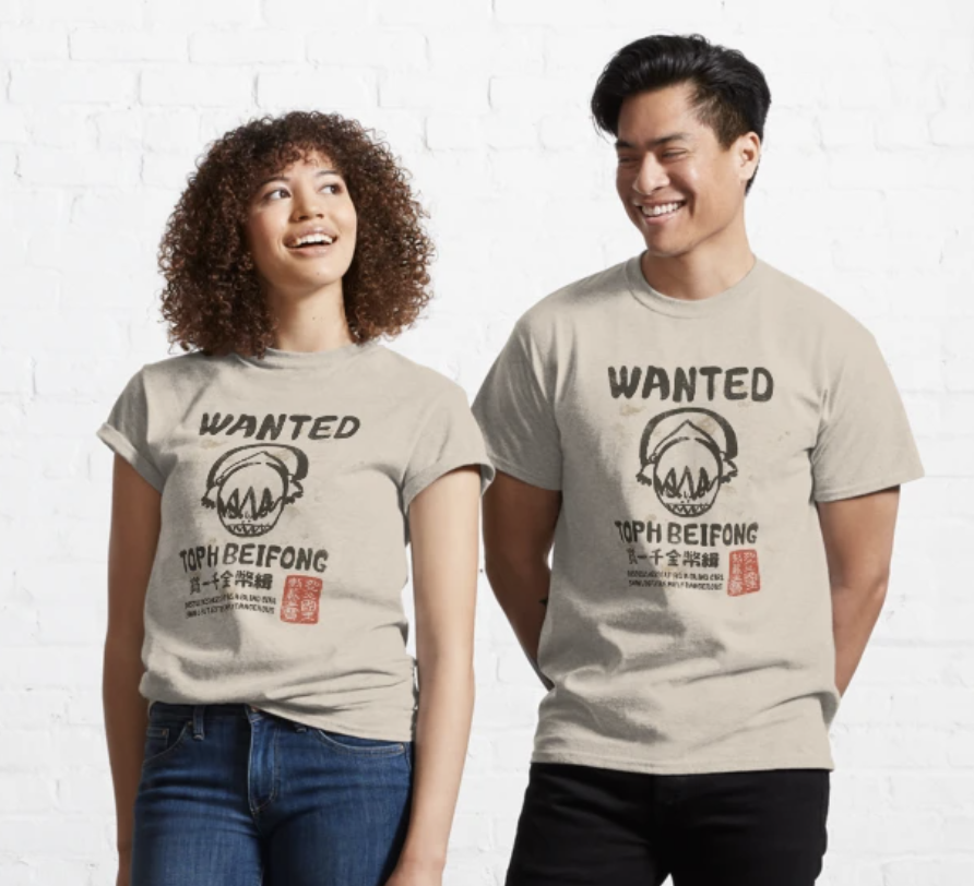 Two models wearing tan tees with Toph Beifong&#x27;d wanted poster
