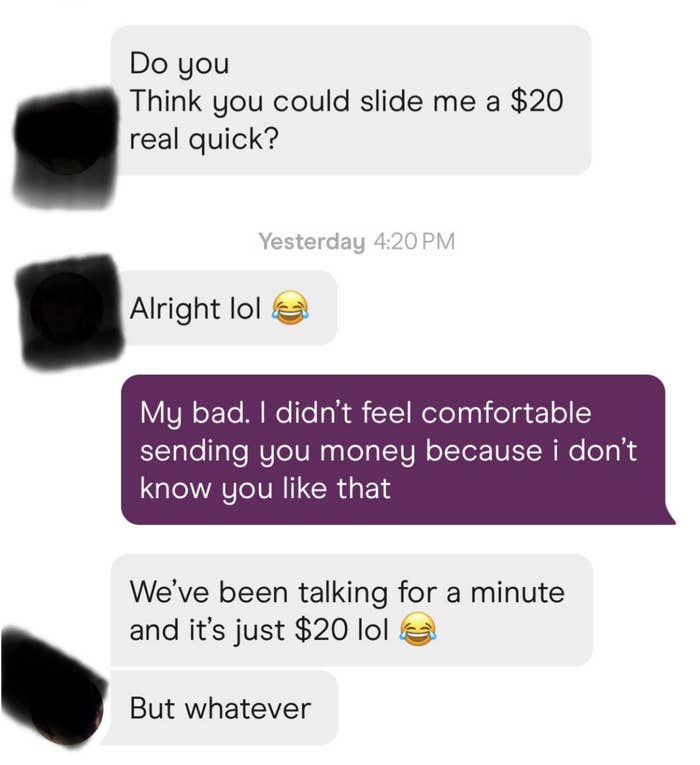 "We've been talking for a minute and it's just $20 lol"