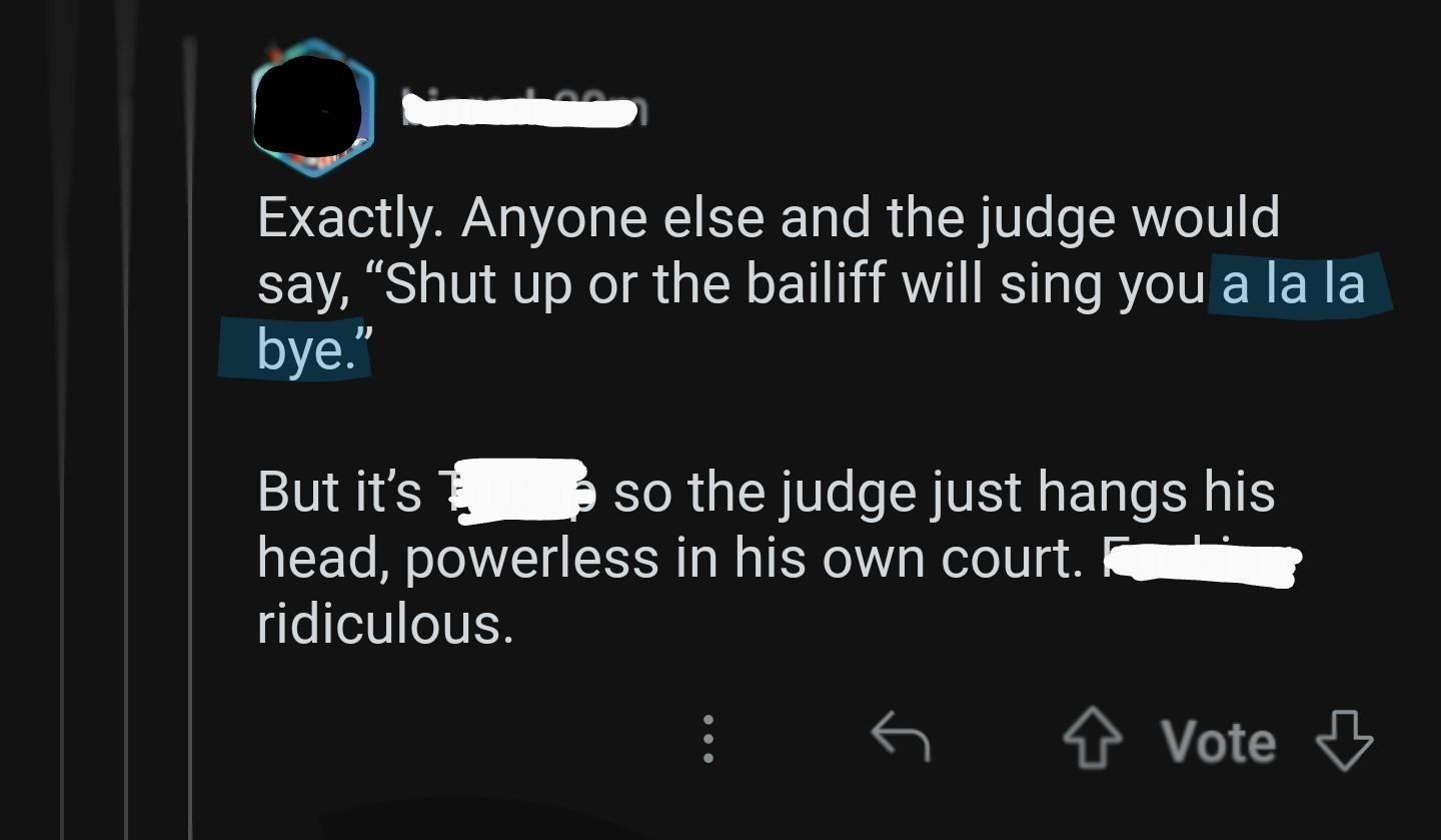 &quot;Anyone else and the judge would say &#x27;Shut up or the bailiff will sing you a la la bye&#x27;&quot;