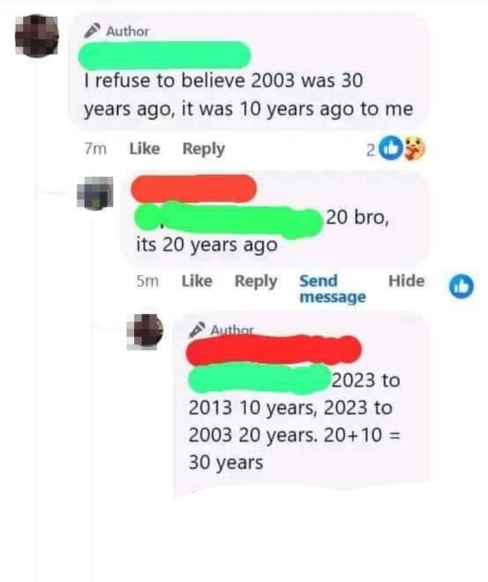 Person thinks 2003 is 30 years ago because 2023 to 2013 is 10 years and 2023 to 2003 is 20, so 20 + 10 = 30