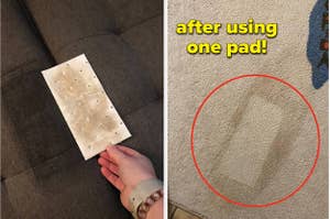 left: a reviewer holding the pad which is covered in some sort of stain; right: a reviewer's carpet with a rectangular clean spot where the pad was used