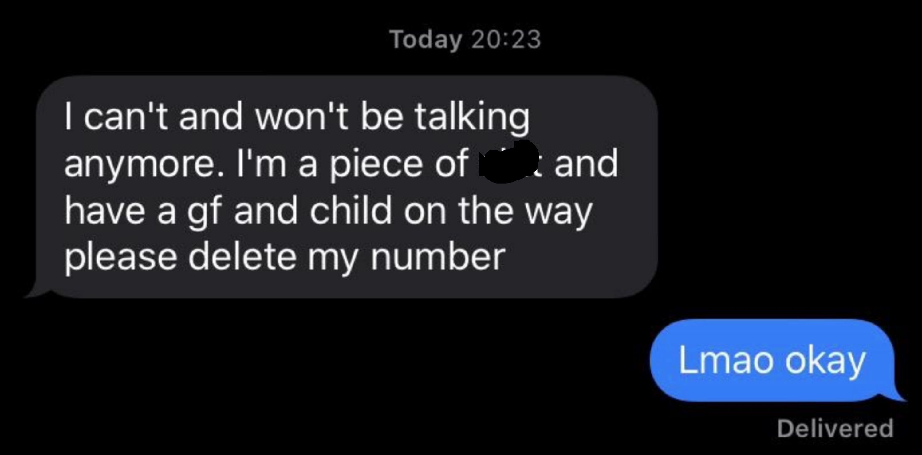 &quot;I can&#x27;t and won&#x27;t be talking anymore; I&#x27;m a piece of shit and have a gf and child on the way please delete my number&quot;; &quot;Lmao okay&quot;