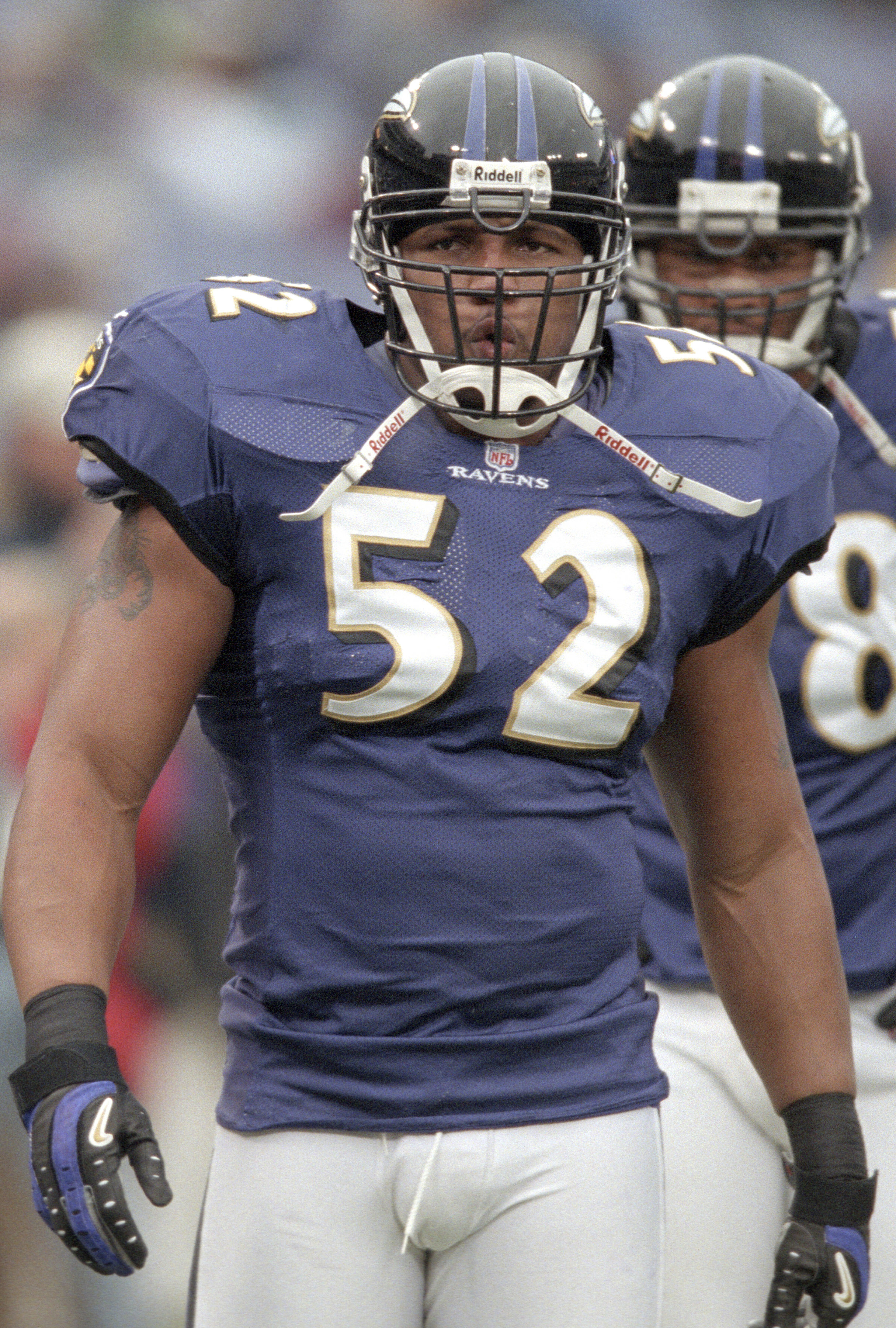 closeup of ray lewis in uniform with his helmet on