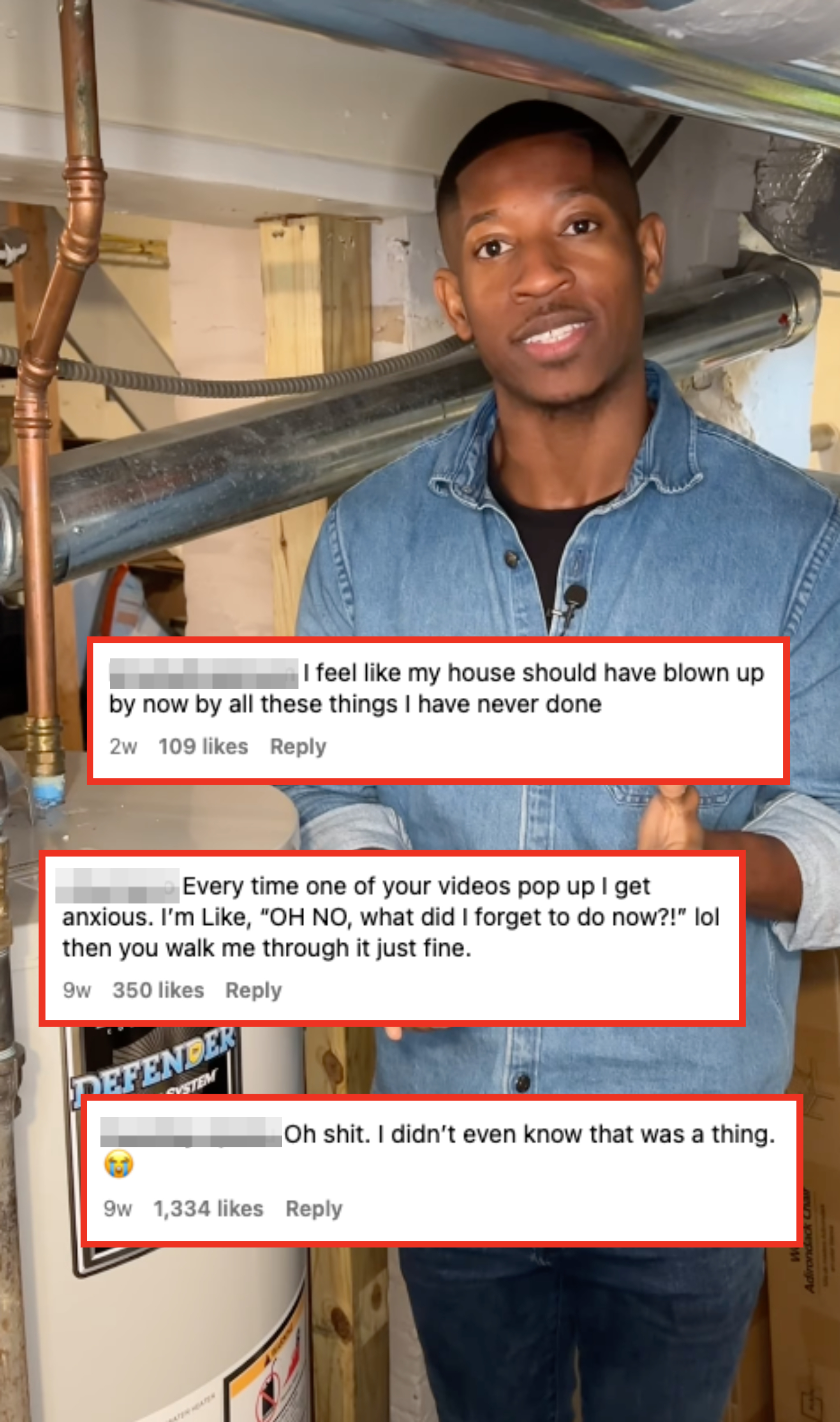 Kyshawn in a denim jacket with text overlays from social media posts expressing surprise and humor about learning new facts about home maintenance