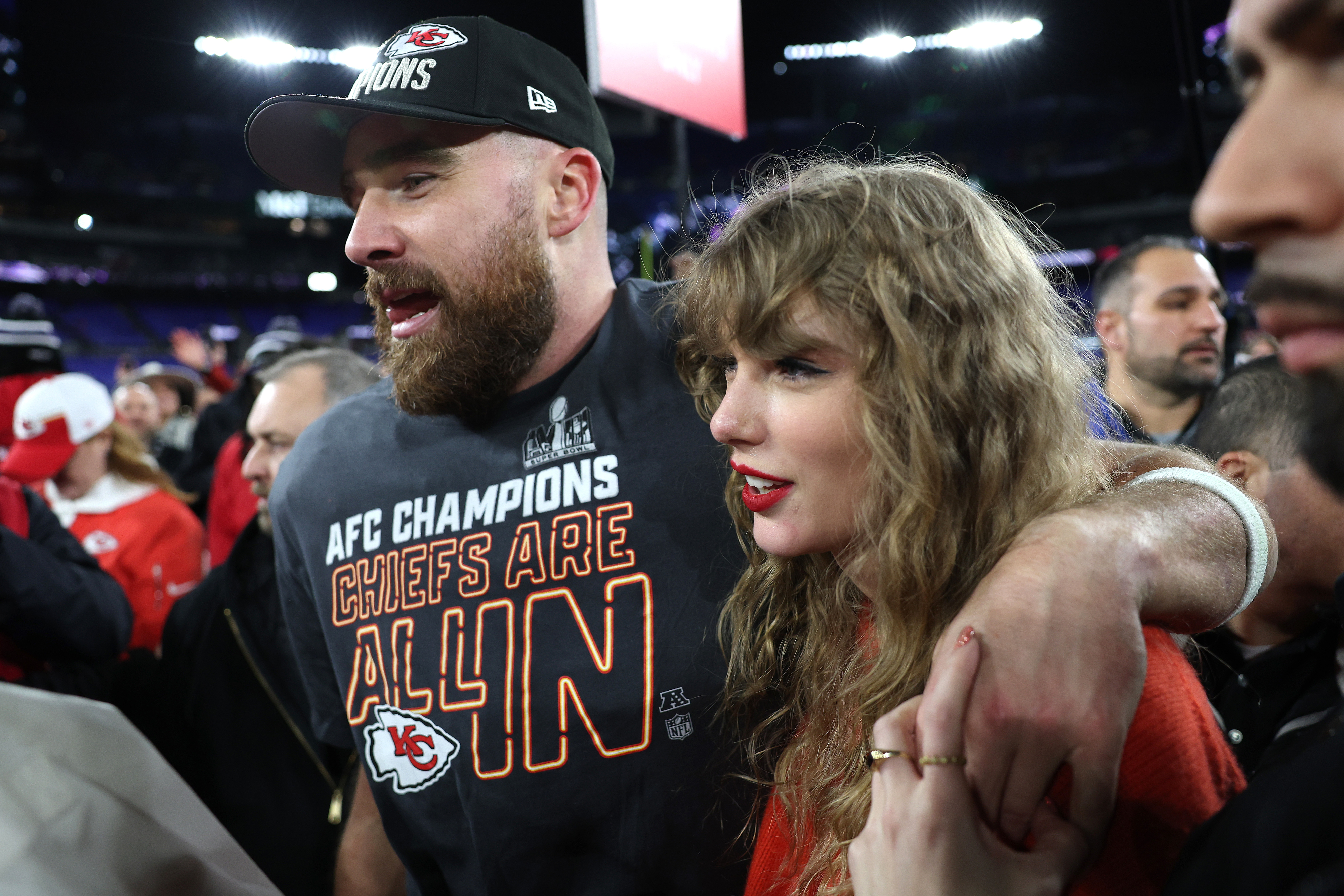 Closeup of Travis Kelce and Taylor Swift