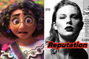On the left, Mirabel from Encanto, and on the right, Taylor Swift on the Reputation album cover