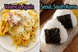 On the left, some carbonara labeled Valencia, Spain, and on the right, some onigiri labeled Seoul, South Korea