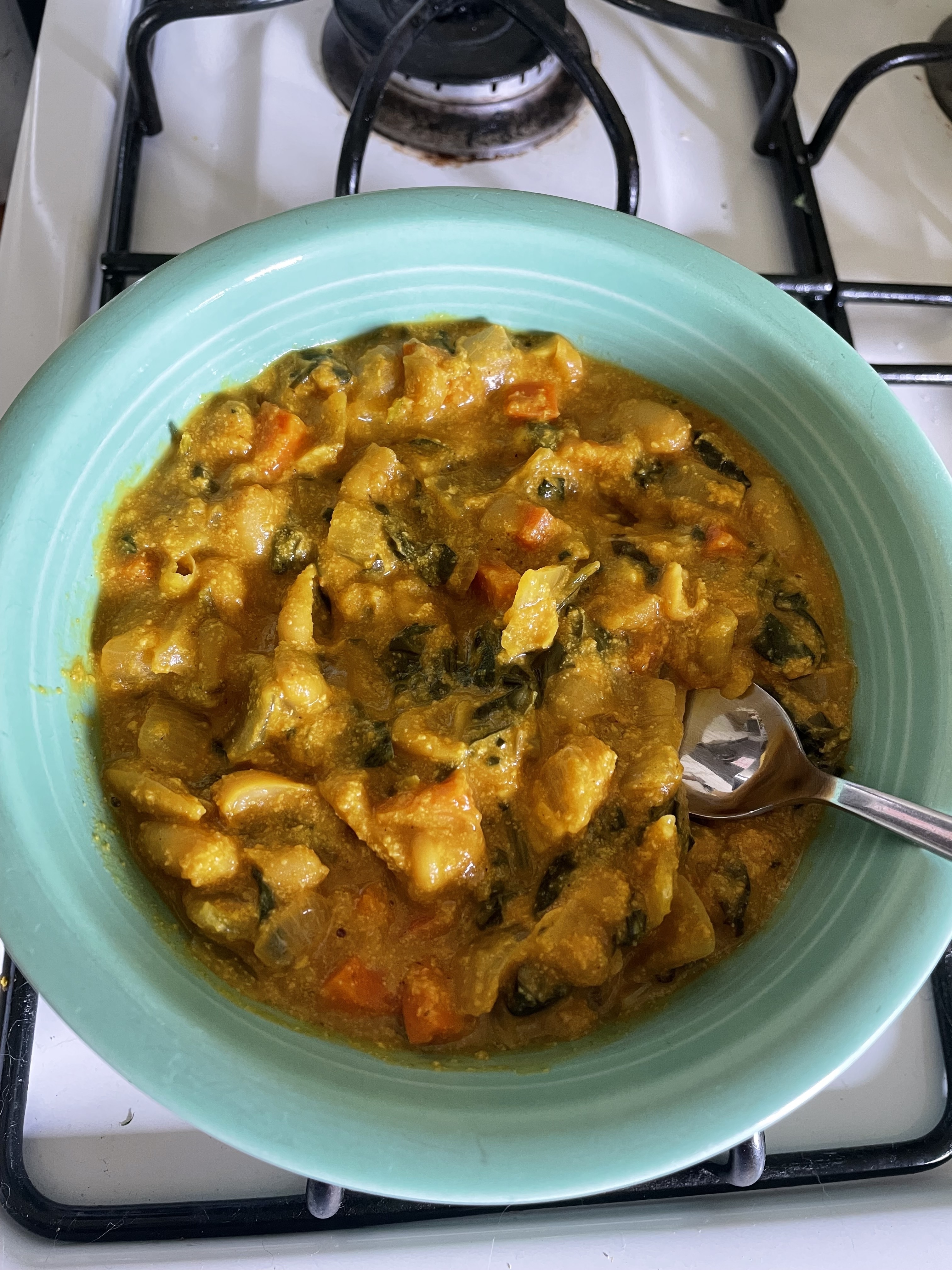 A bowl of creamy vegetable curry with a spoon rests on a stove, ready to be served