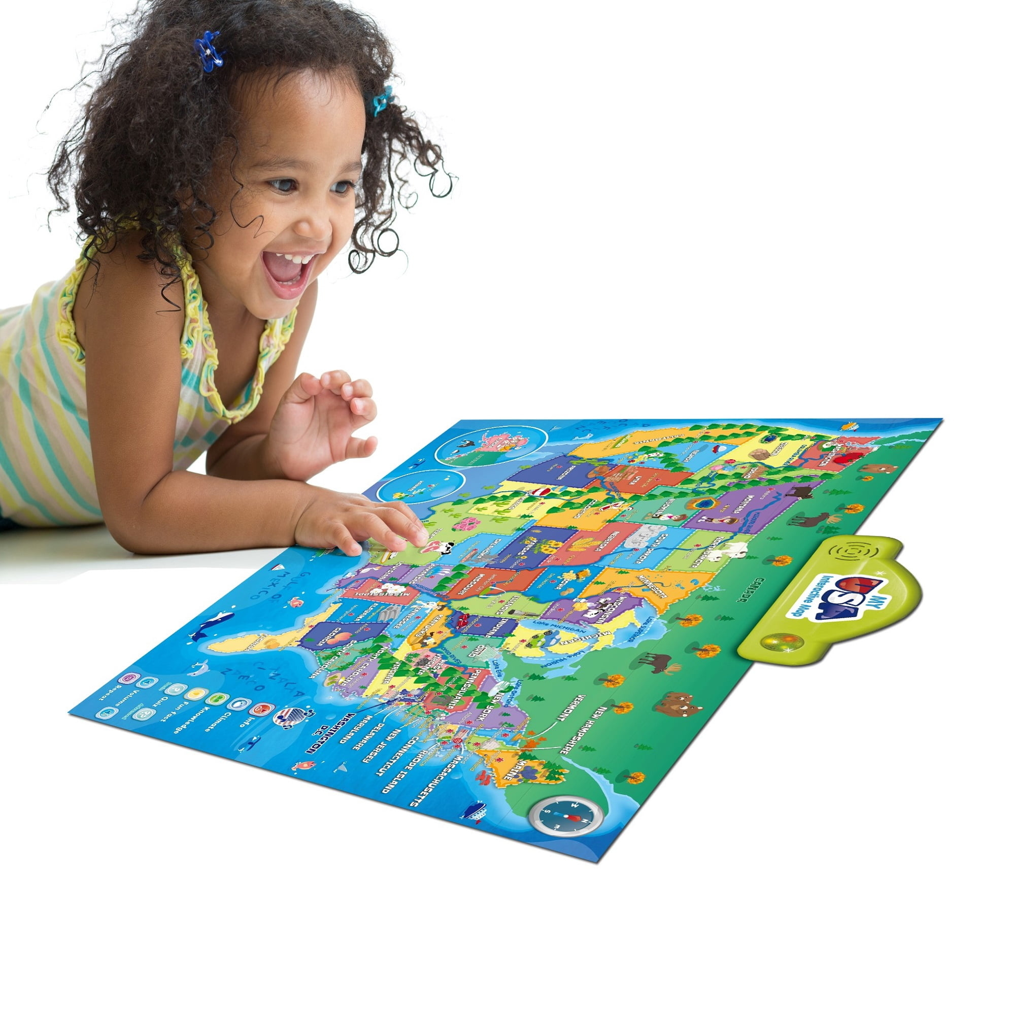 kid playing with talking map on the floor