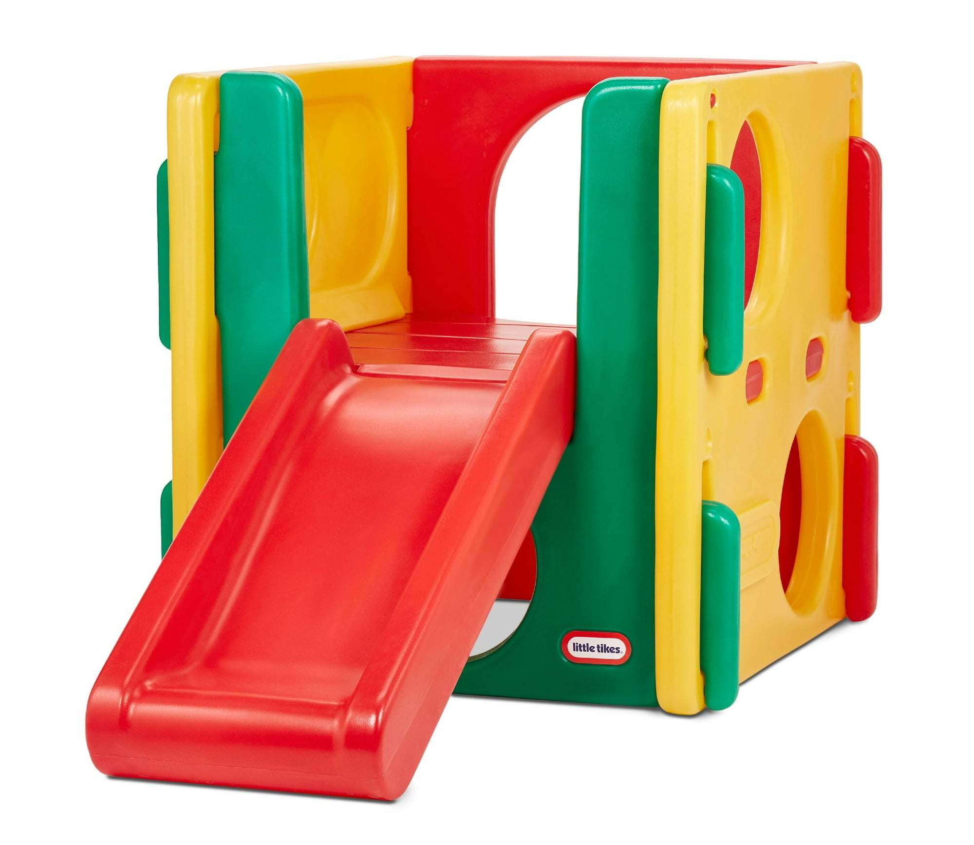 a multicolored plastic box with a slide and holes for children to climb and play