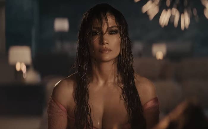 Close-up of JLo with wet hair and skin