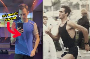 Side-by-side of me, sweating at the gym after a long run + Stuart Calderwood, a professional runner during a race