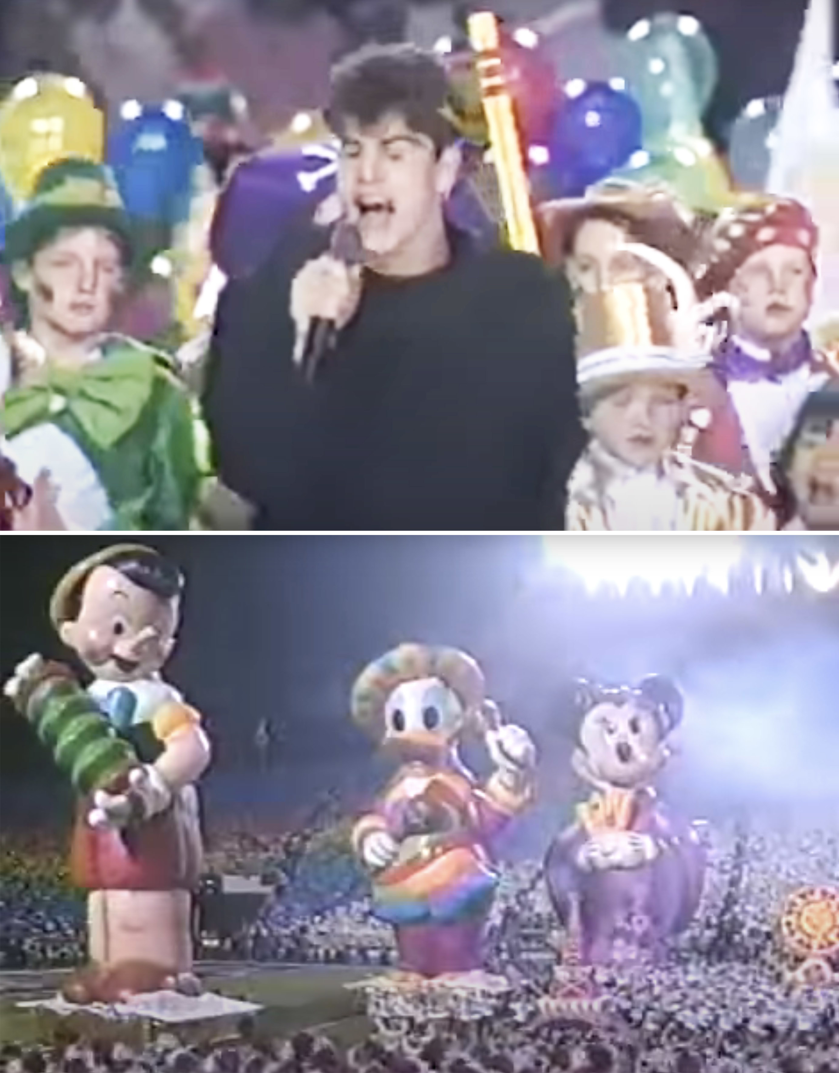 the group singing on stage and large disney characters on the field