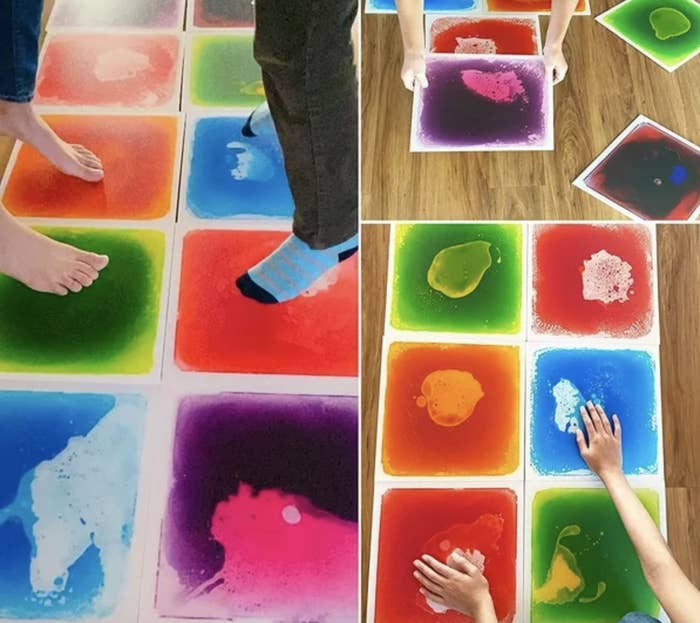 kids stepping on colorful liquid-filled tiles