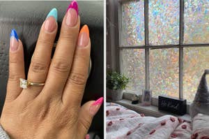 a hand with colorful tip nails  and a rainbow prism window film