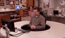 Ron Swanson avoiding speaking to another person