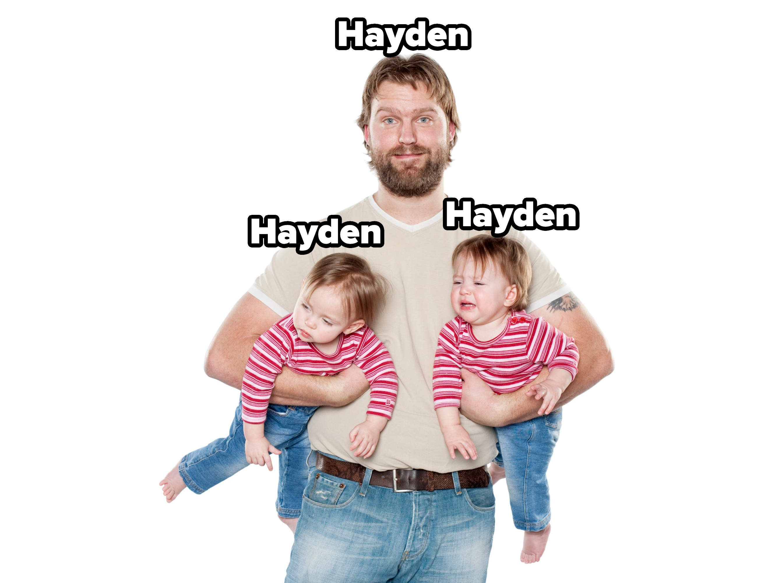 A guy holding twins, all with the name Hayden