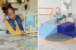 on left: kid playing with set of puzzles. on right: baby sitting on top of blue and gray toddler gym