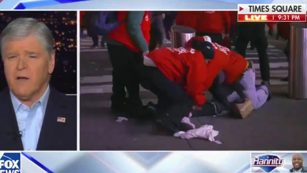 The vigilante group, Guardian Angels, tackled a man in Times Square during a Fox News interview with Sean Hannity.