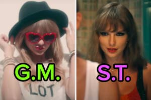 On the left, Taylor Swift in the 22 music video labeled GM, and on the right, Taylor Swift in the Anti Hero music video labeled ST