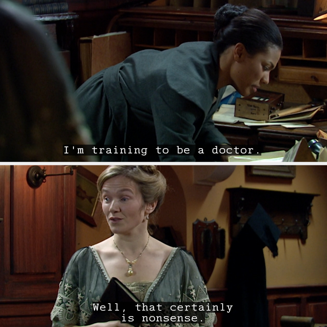 her character hunched over a desk saying they are training to be a doctor