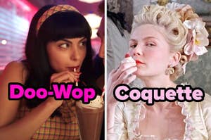 On the left, Camila Mendes drinking a milkshake as Veronica on Riverdale labeled Doo-Wop, and on the right, Kirsten Dunst holding a cake to her lips as Marie Antoinette labeled Coquette