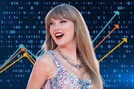 data numbers in the background with a line graph on top of it and taylor swift in front
