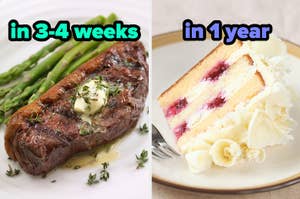 On the left, a steak topped with butter and herbs and served with a side of asparagus labeled in 3 to 4 weeks, and on the right, a slice of vanilla cake with a raspberry filling labeled in 1 year