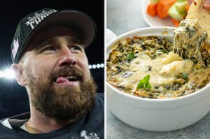 Travis Kelce licking his lips and spinach artichoke dip.