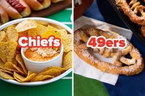 Chicken wing dip and a pretzel football.