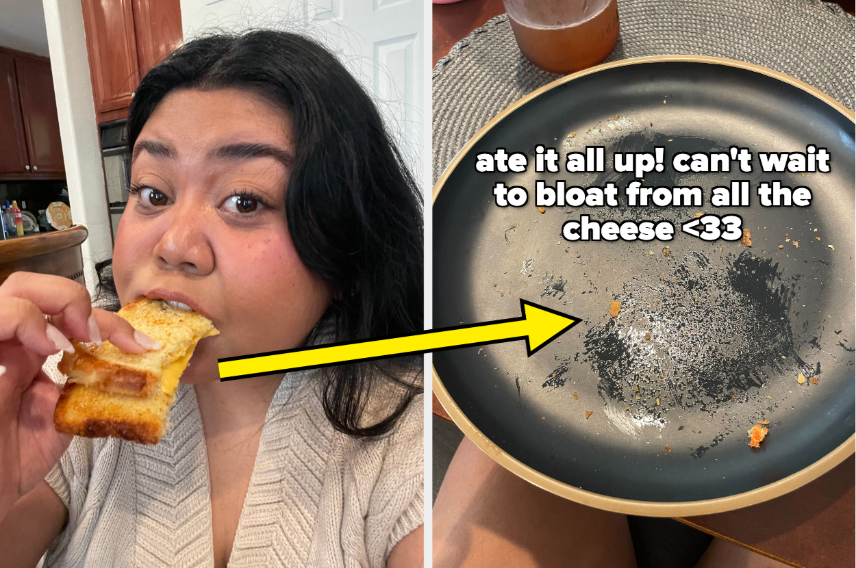 The author is eating a grilled cheese with a satisfied expression, adjacent to an empty plate with crumbs and caption: &quot;ate it all up! can&#x27;t wait to bloat from all the cheese&quot;
