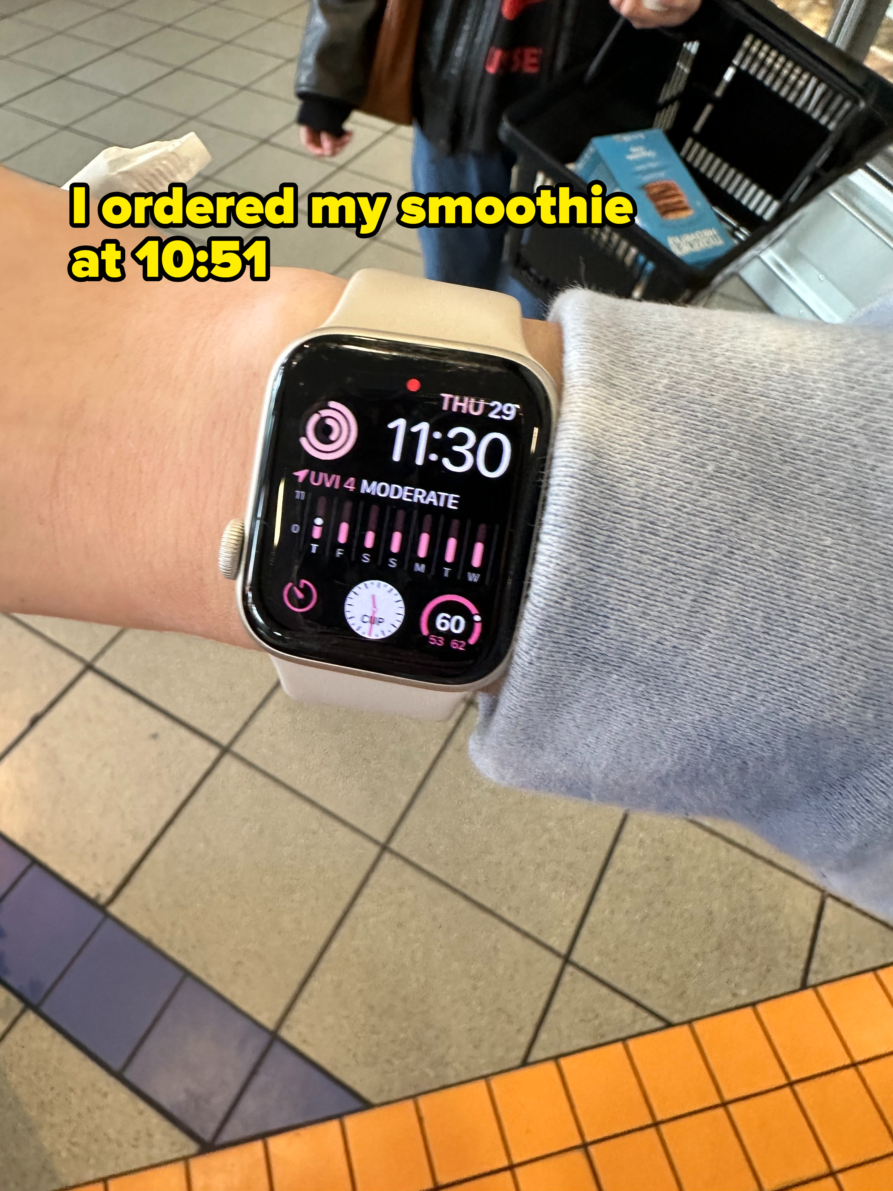 apple watching showing the time as 11:30 with text overlaid saying, i ordered my smoothie at 10:51