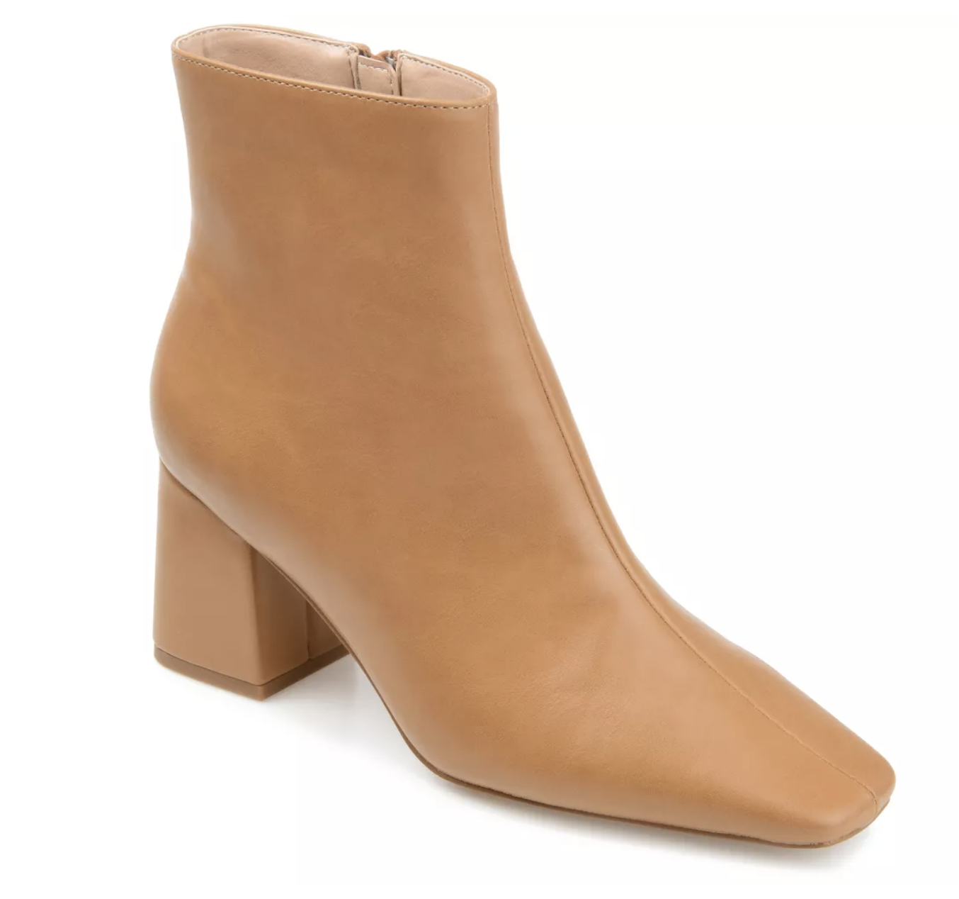 Beige ankle boot with a block heel, zipper closure showcased for shopping