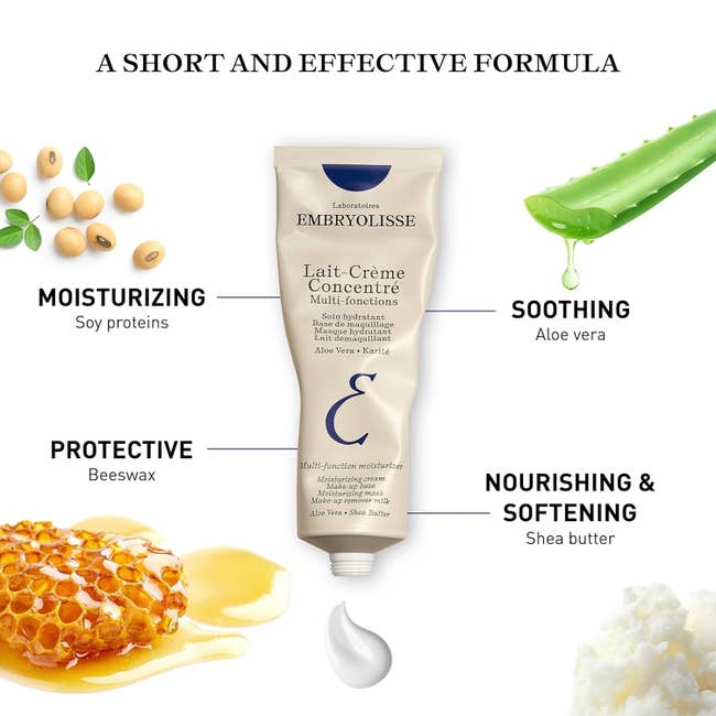 An advertisement for multi-function moisturizing cream with labeled ingredients like soy protein, aloe vera, beeswax, and shea butter surrounding the product