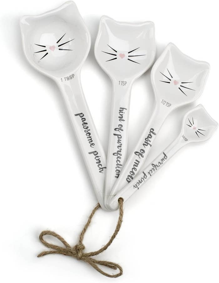 A set of four cat-themed measuring spoons tied together with twine