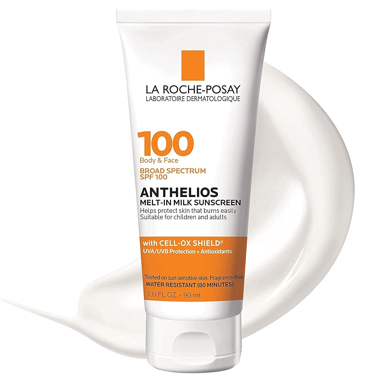 Bottle of La Roche-Posay Anthelios sunscreen beside a dollop of cream