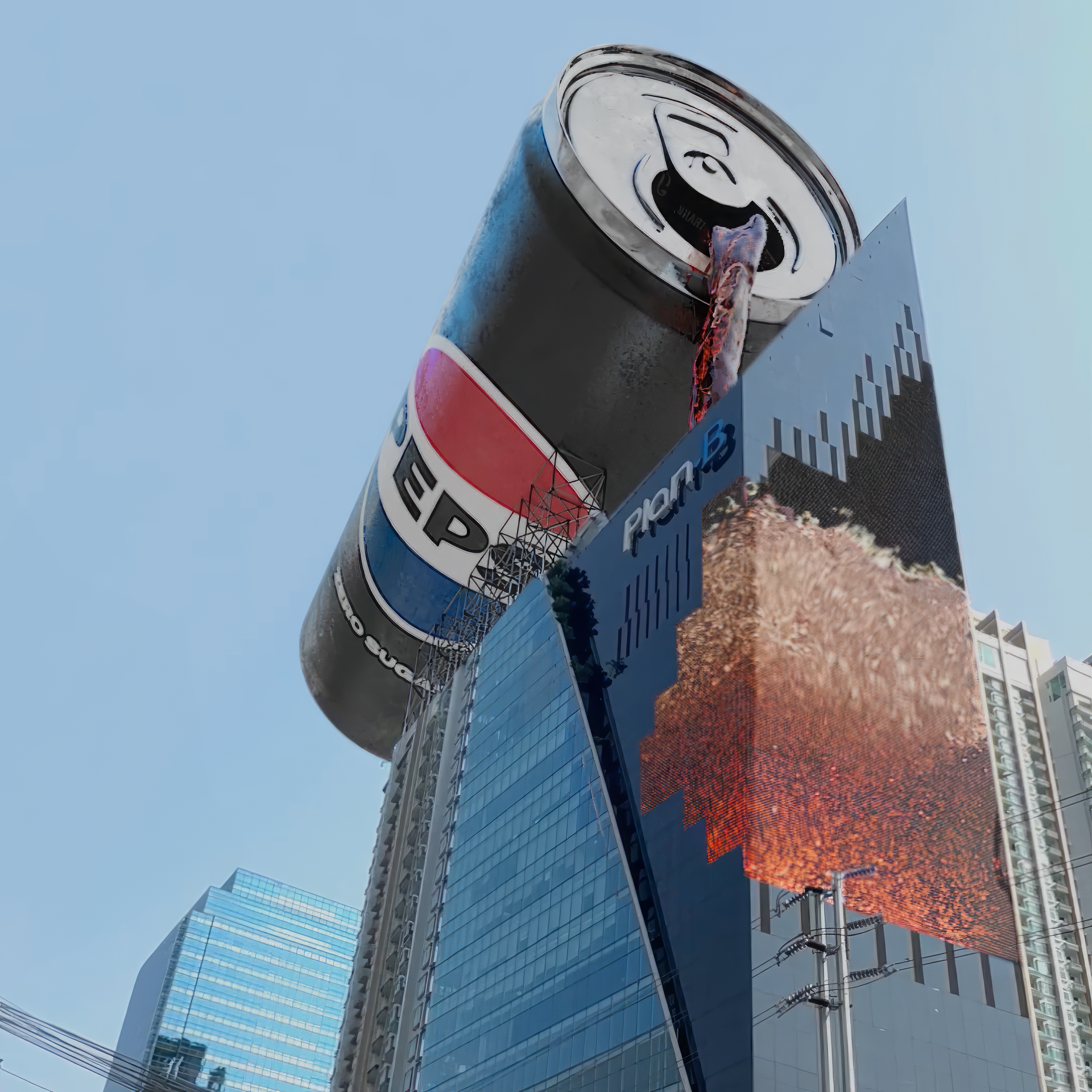 Giant Pepsi can billboard with 3D effect as if spilling over the edge of a building