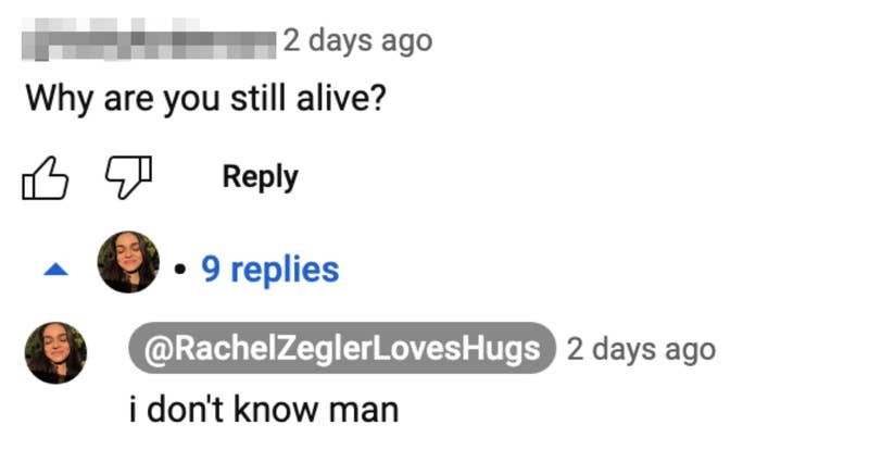 Screenshot of social media interaction: &quot;Why are you still alive?&quot; and the other responding, &quot;i don&#x27;t know man&quot;