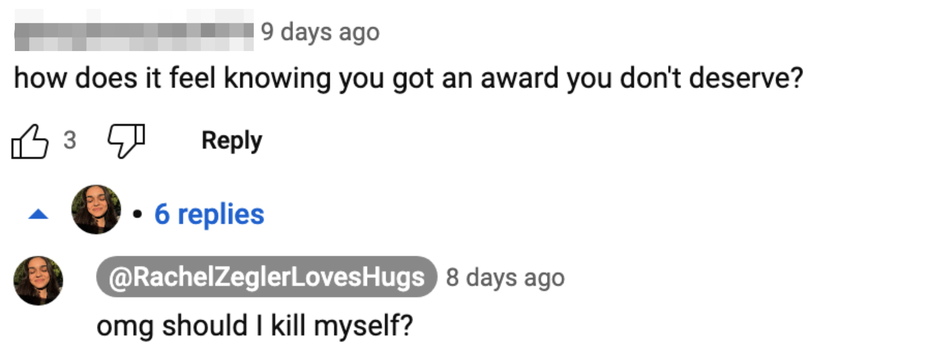 Screenshot of the above comments between a social media user and @RachelZeglerLovesHugs, discussing an undeserved award