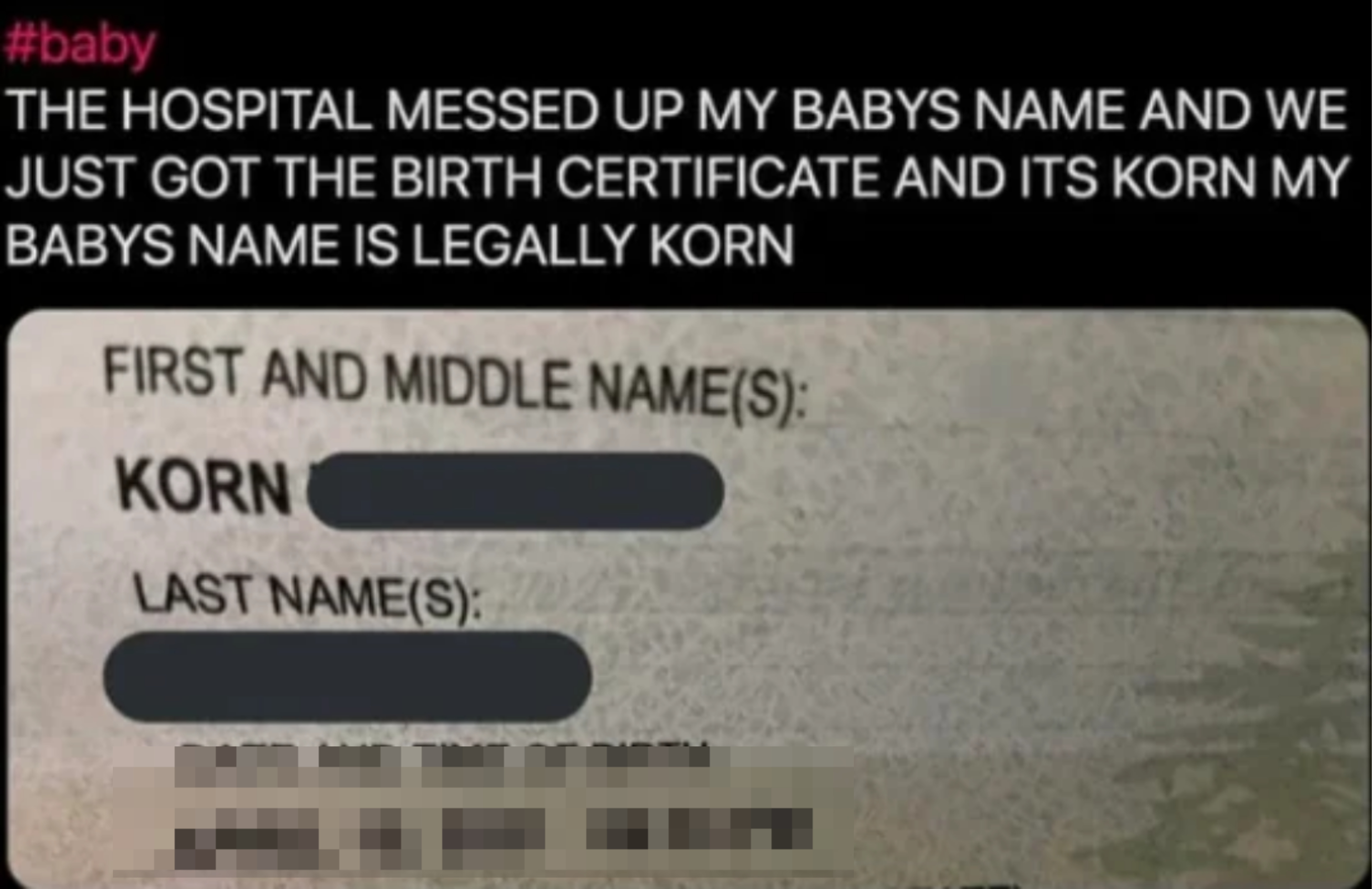 Birth certificate issued with the name Korn, parents express surprise and humor online