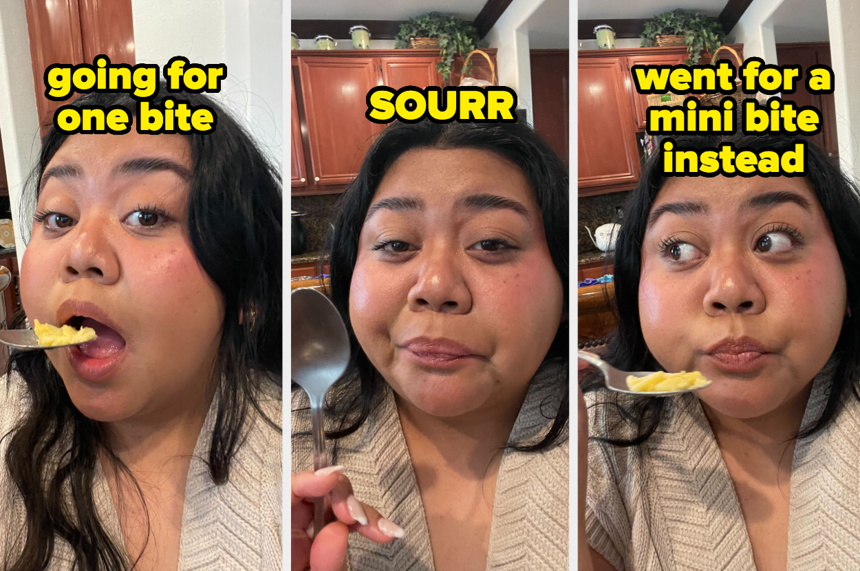 Dannica reacts to sour taste, with humorous captions overlaying each of the three progressive photos, from &quot;Going for one bite&quot; to &quot;Sourrr&quot; to &quot;Went for a mini bite instead&quot;