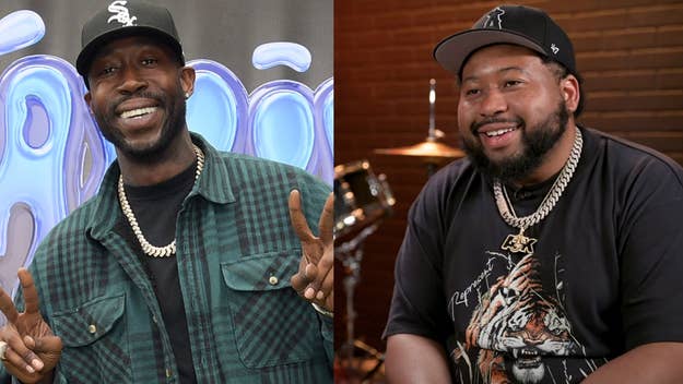Left: Freddie Gibbs in plaid shirt over black tee, smiling with peace signs. Right: Akademiks in graphic tee, smiling with a chain necklace