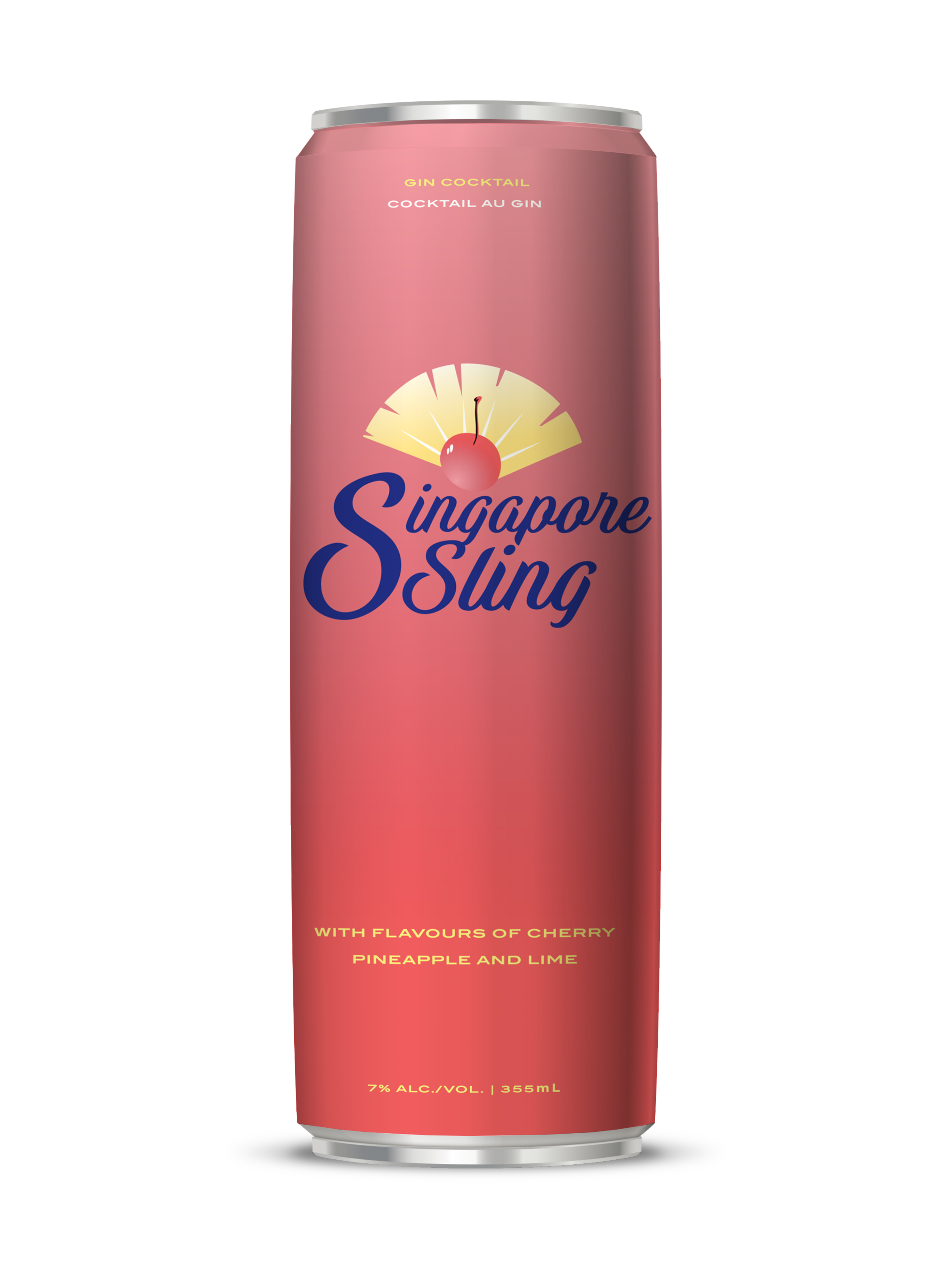 Can of Singapore Sling cocktail with cherry, pineapple, and lime flavors, 7% alcohol volume