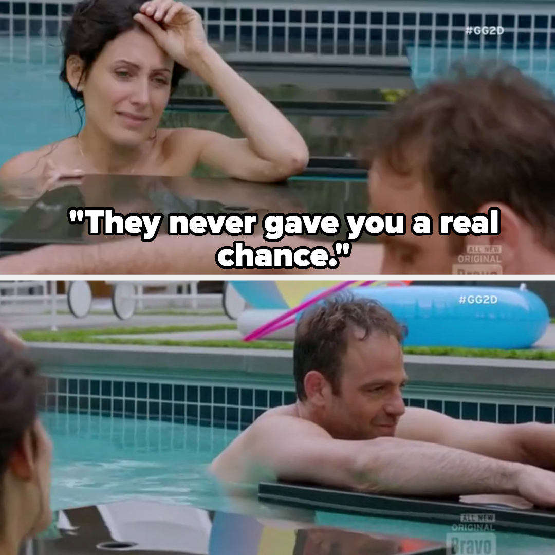 A woman and man are conversing in a pool; the woman appears contemplative, with text: &quot;They never gave you a real chance&quot;