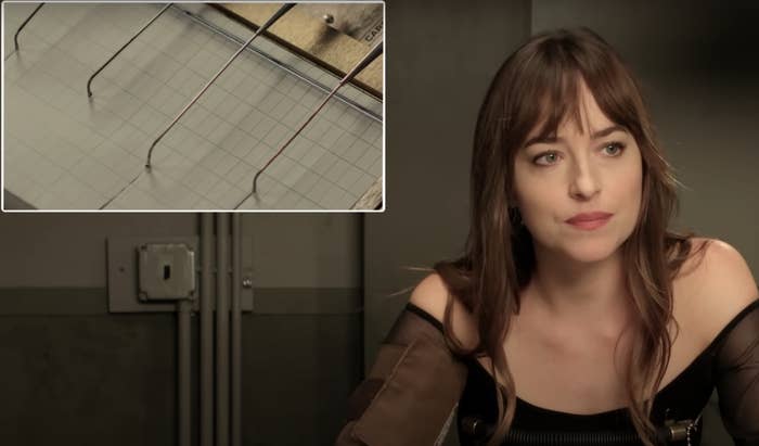 Split screen with a close-up of Dakota Johnson on the right and an overhead shot of an empty chair on the left